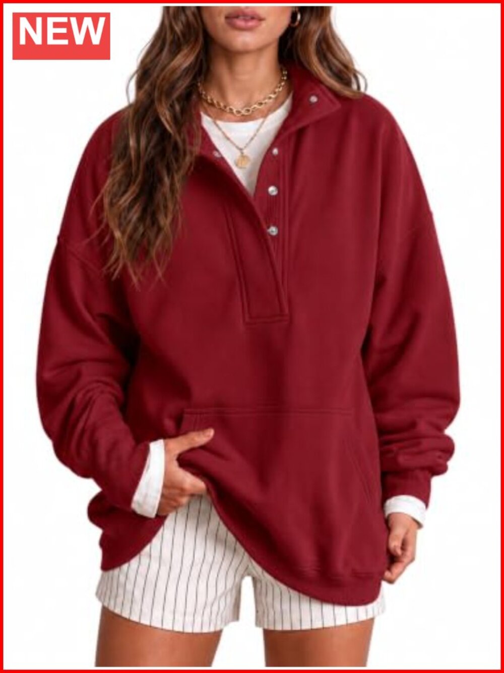 Oversized Henley Neck Pullover Sweatshirt Women Long Sleeve Fleece